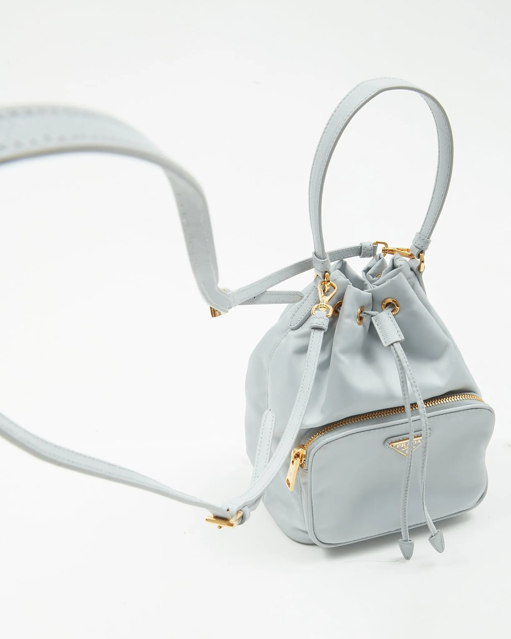 Prada Ice Blue Saffiano-Trimmed Tessuto Mini Bucket Bag