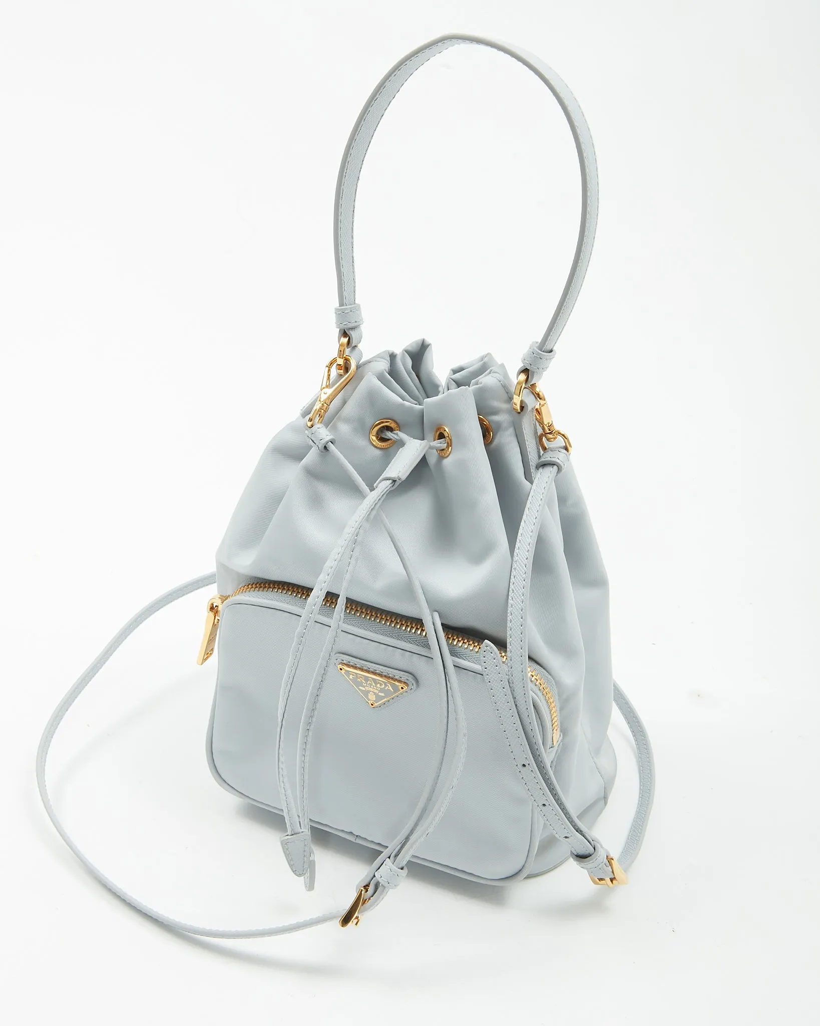 Prada Ice Blue Saffiano-Trimmed Tessuto Mini Bucket Bag