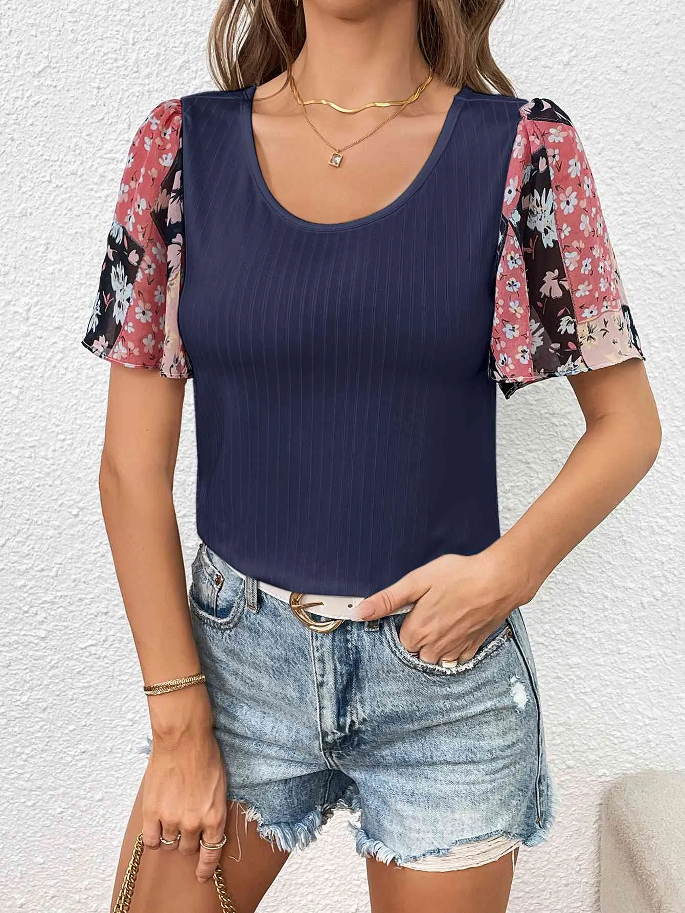 Printed Puff Sleeve Round Neck Tee (3 Colors)