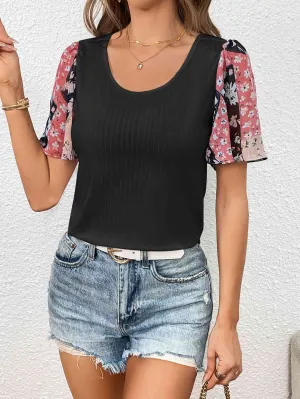 Printed Puff Sleeve Round Neck Tee (3 Colors)