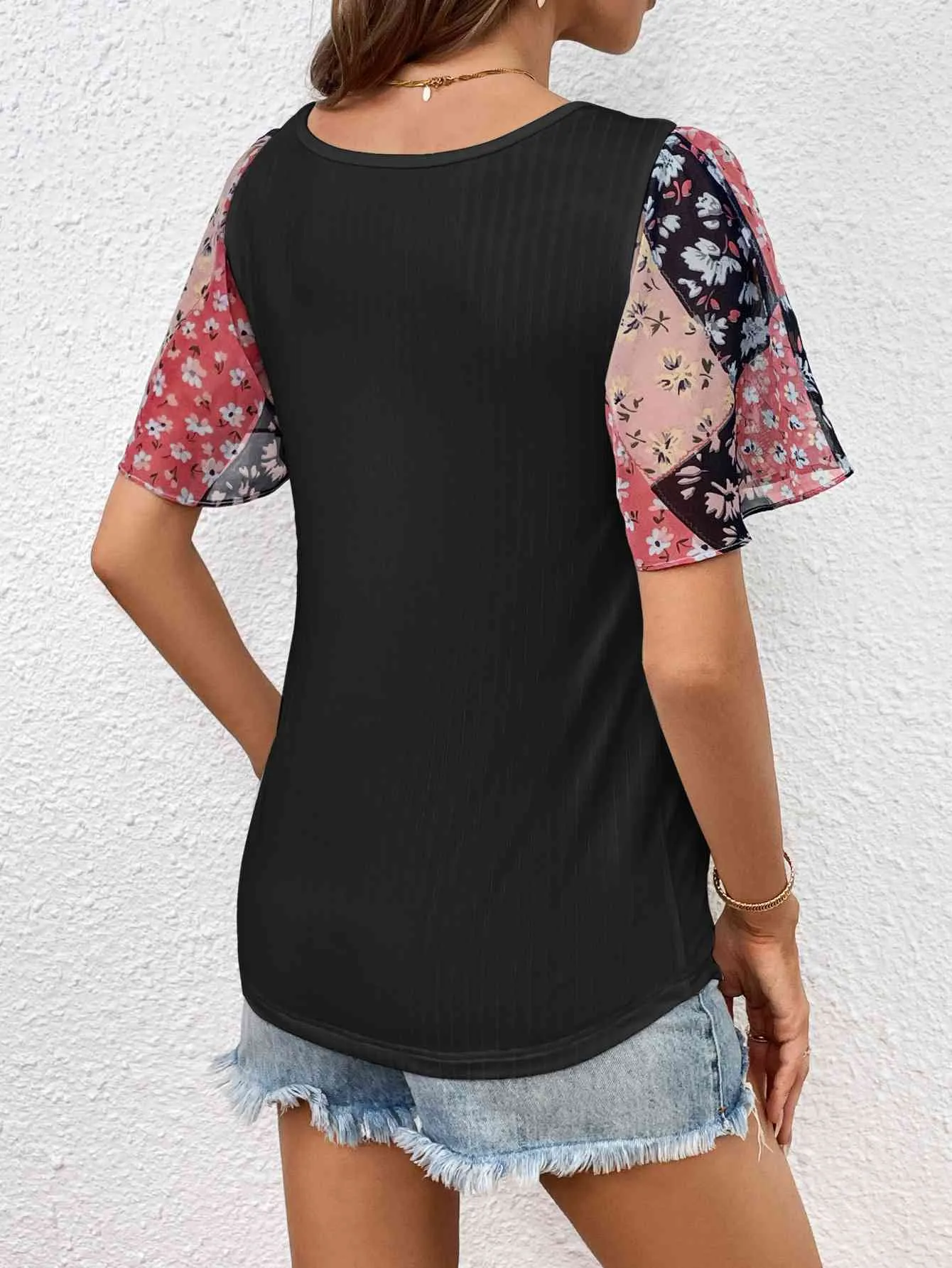 Printed Puff Sleeve Round Neck Tee (3 Colors)