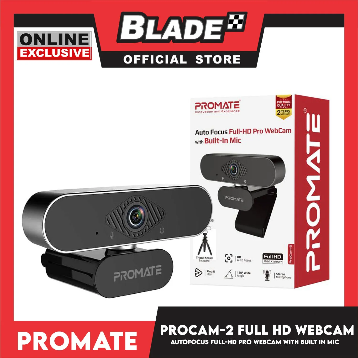 Promate Webcam with Built-In Mic Auto Focus Full-HD Pro ProCam-2 (Black)