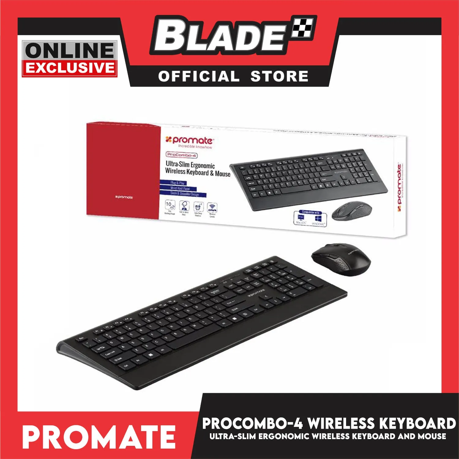 Promate Wireless Keyboard and Mouse Ultra-Slim Ergonomic ProCombo-4 (Black) 2.4GHz Wireless Connection