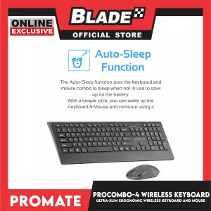 Promate Wireless Keyboard and Mouse Ultra-Slim Ergonomic ProCombo-4 (Black) 2.4GHz Wireless Connection