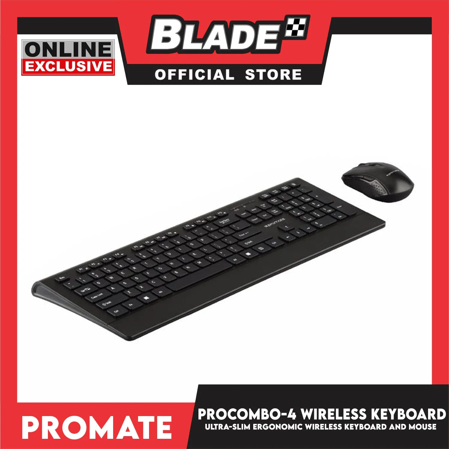 Promate Wireless Keyboard and Mouse Ultra-Slim Ergonomic ProCombo-4 (Black) 2.4GHz Wireless Connection