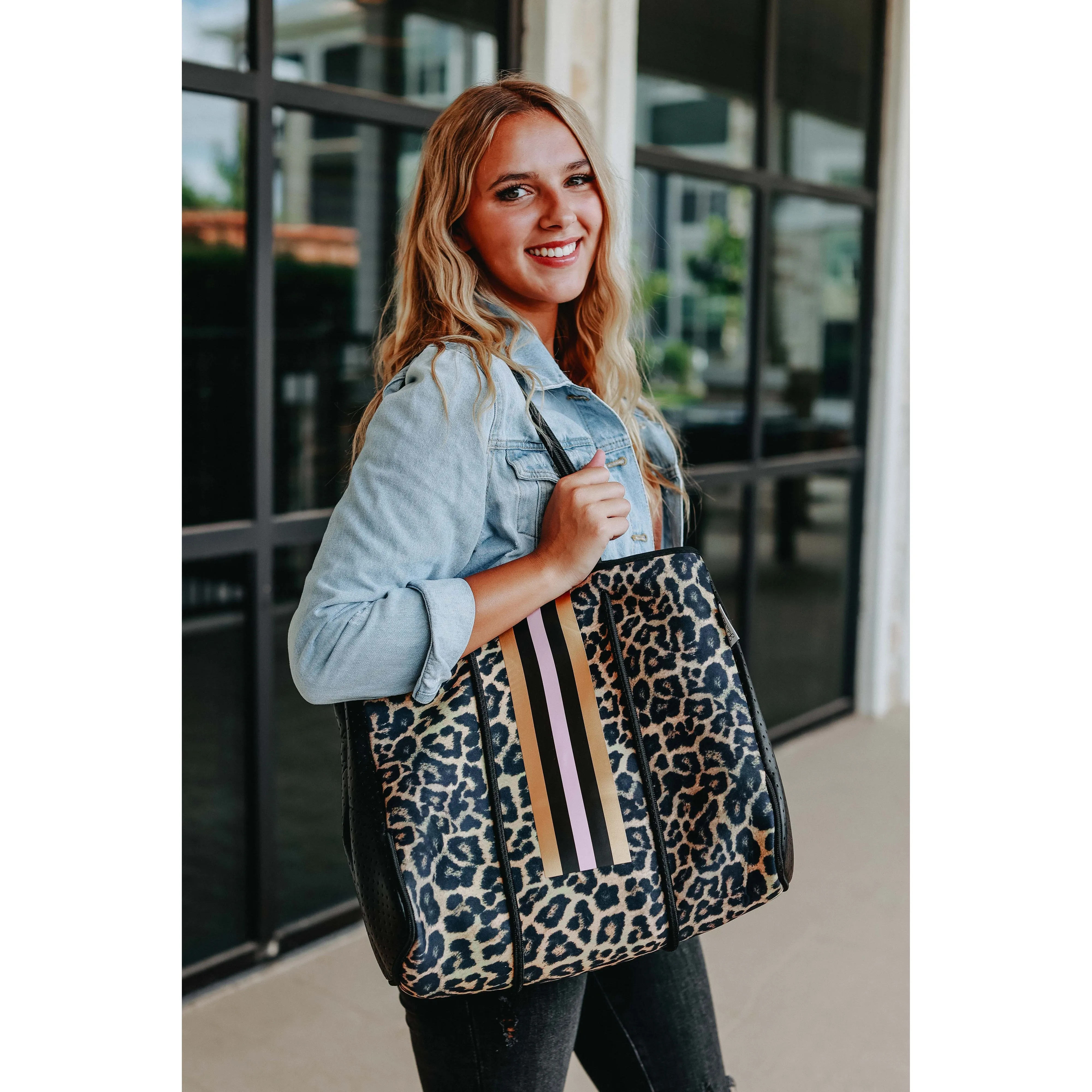 Ready to Ship  | The Sierra - Pink Stripe Leopard Neoprene Bag