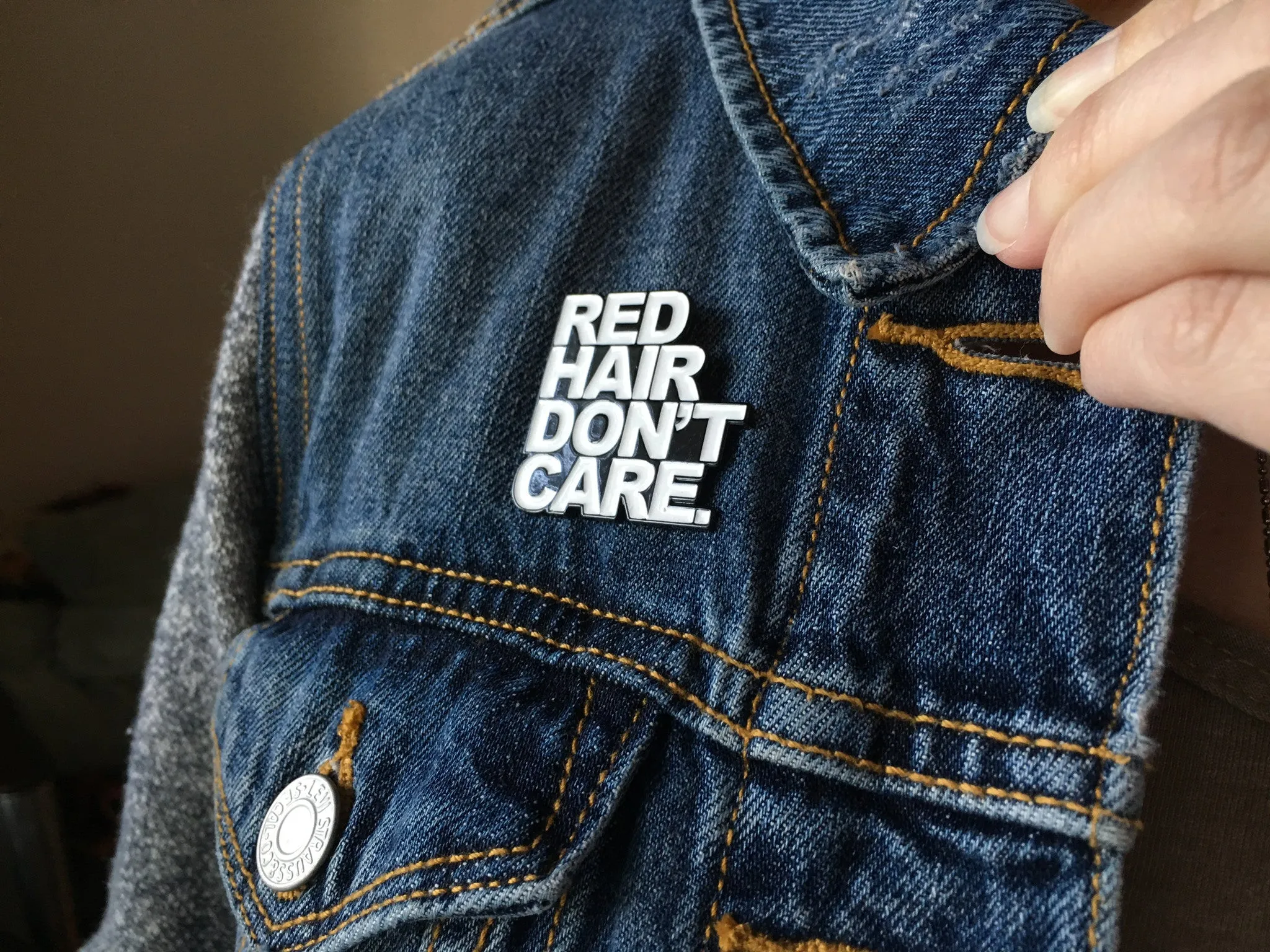 Red Hair Don't Care Block Pin