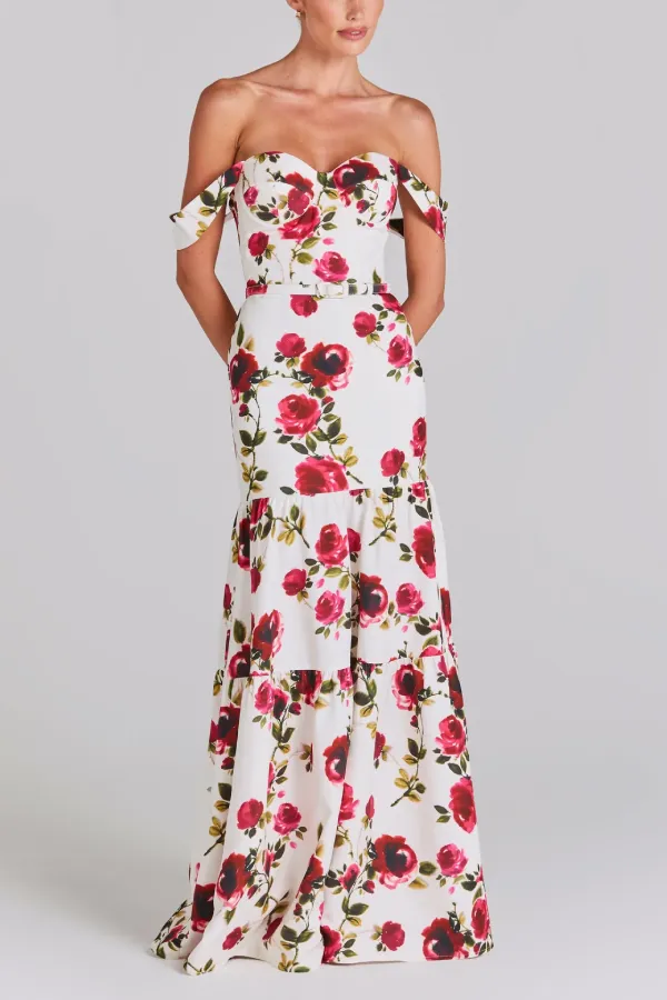 Red Rose Print Waist-Length Suspender Long Dress