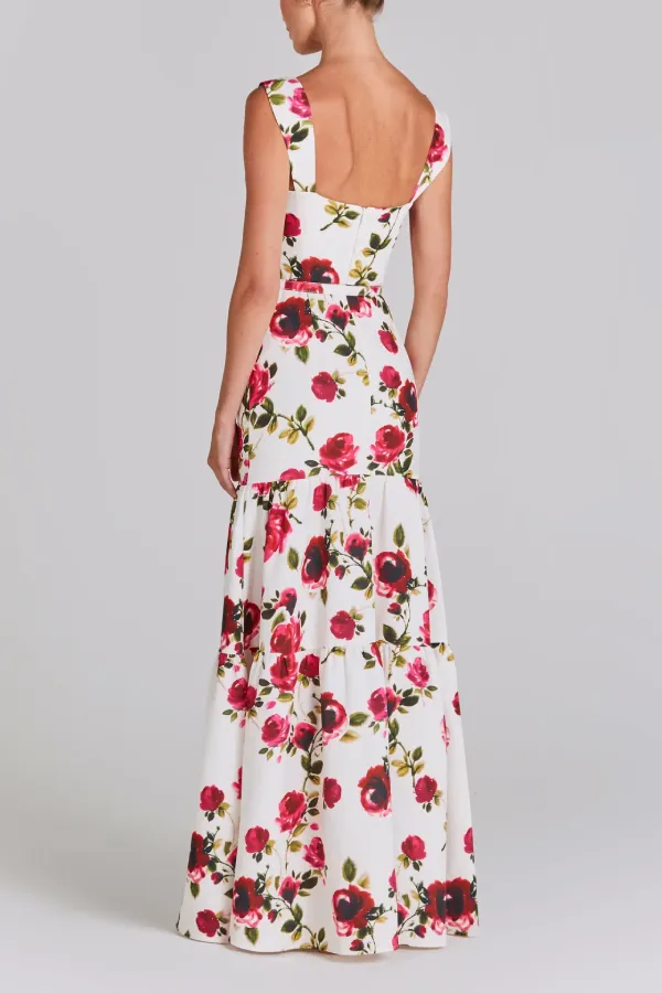 Red Rose Print Waist-Length Suspender Long Dress
