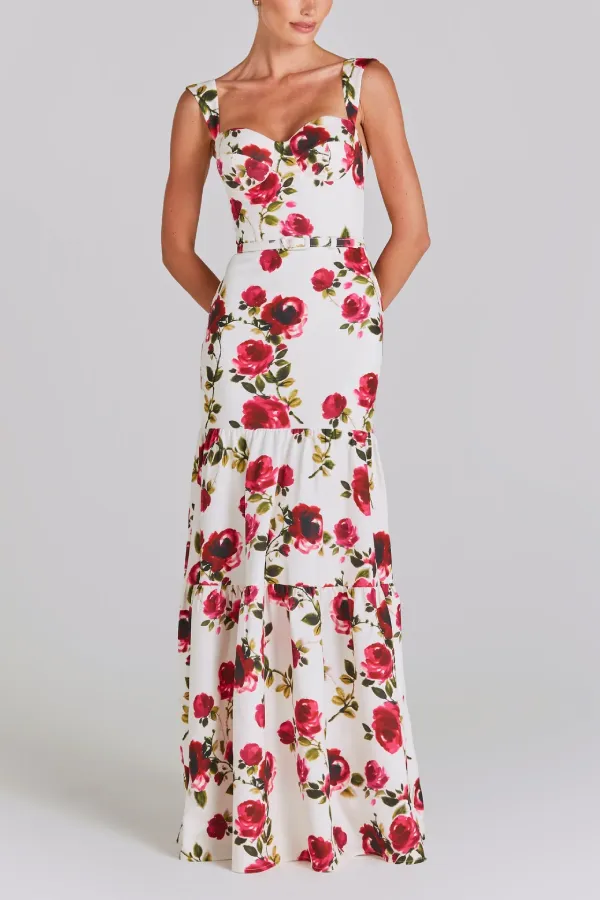 Red Rose Print Waist-Length Suspender Long Dress