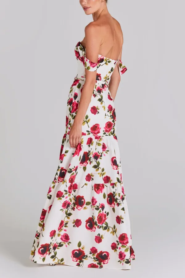 Red Rose Print Waist-Length Suspender Long Dress