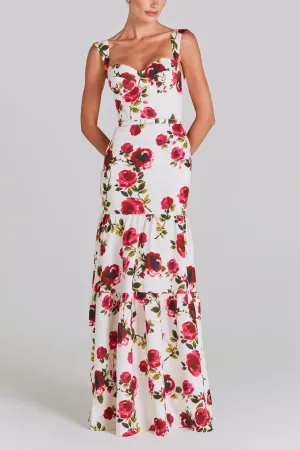 Red Rose Print Waist-Length Suspender Long Dress