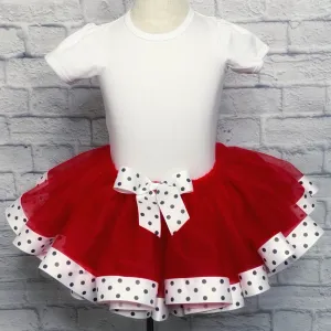Red Tutu / White Ribbon Black Dot Trim & Bow