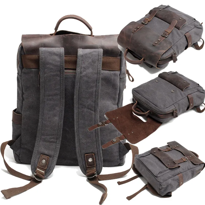 Retro Leather & Canvas Backpack 20L