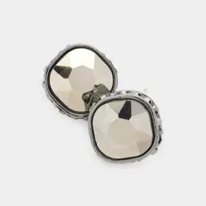 Rhinestone Trimmed Hematite Square Stone Stud Earrings | Interview Earrings | 575939