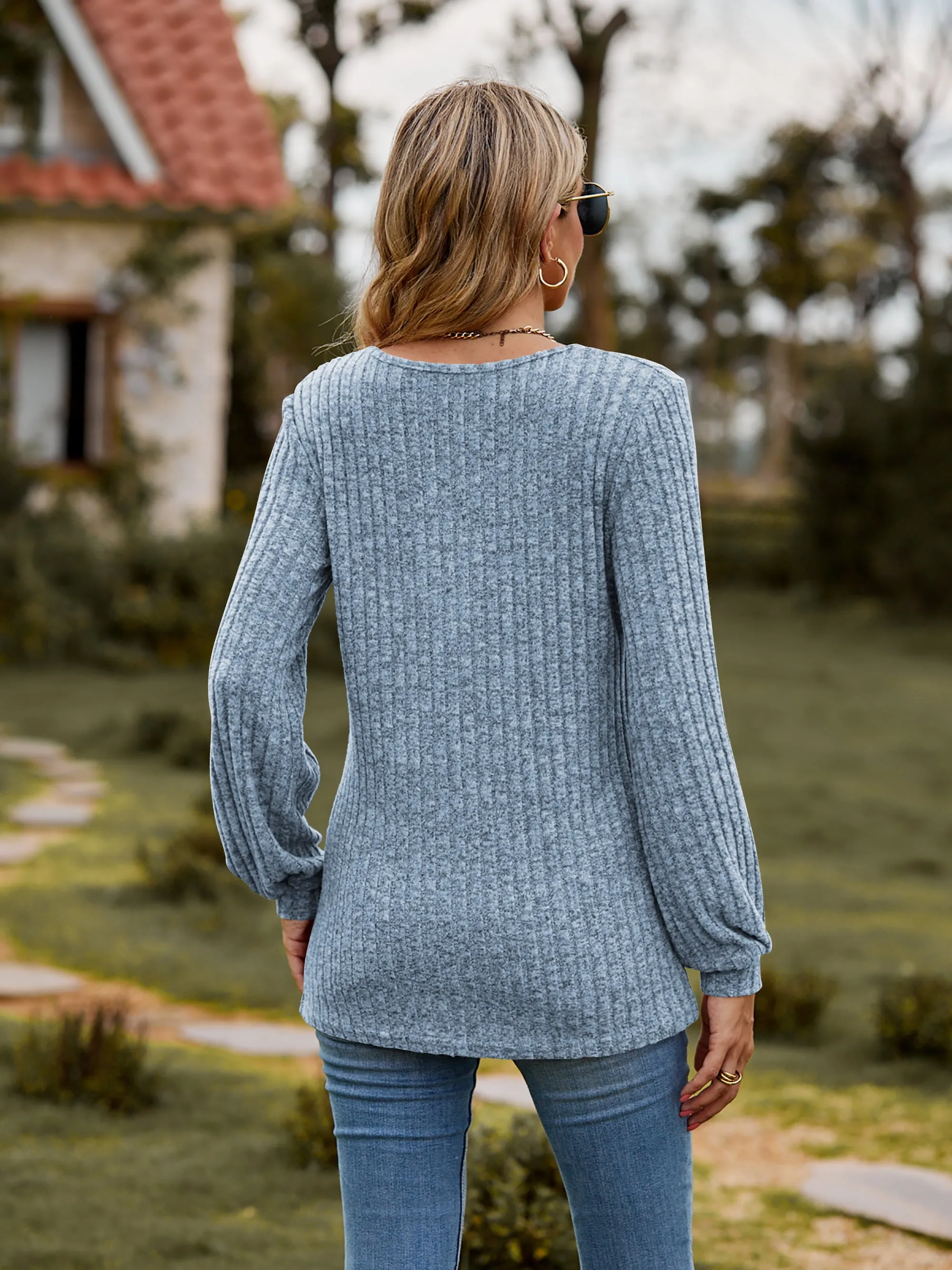 Round Neck Button-Down Long Sleeve Tee (7 Colors)