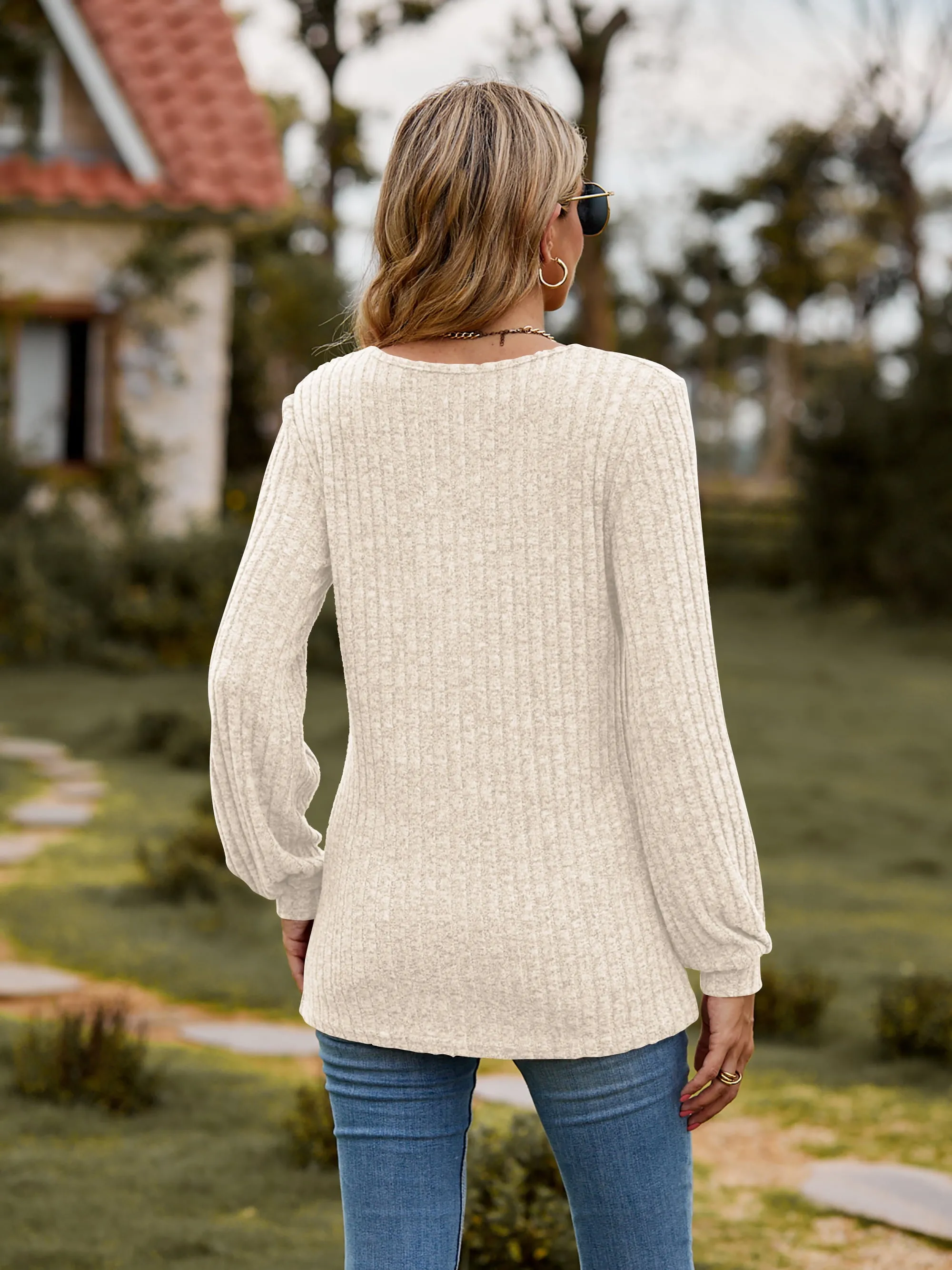 Round Neck Button-Down Long Sleeve Tee (7 Colors)