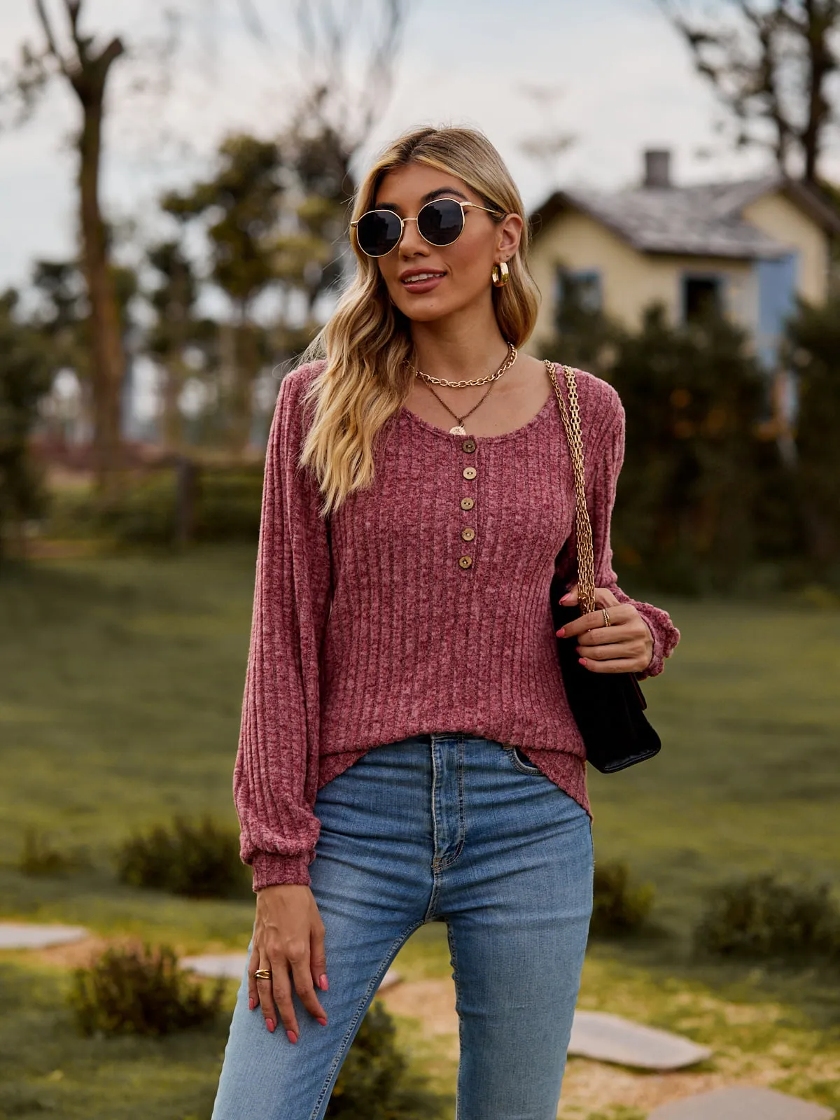 Round Neck Button-Down Long Sleeve Tee (7 Colors)