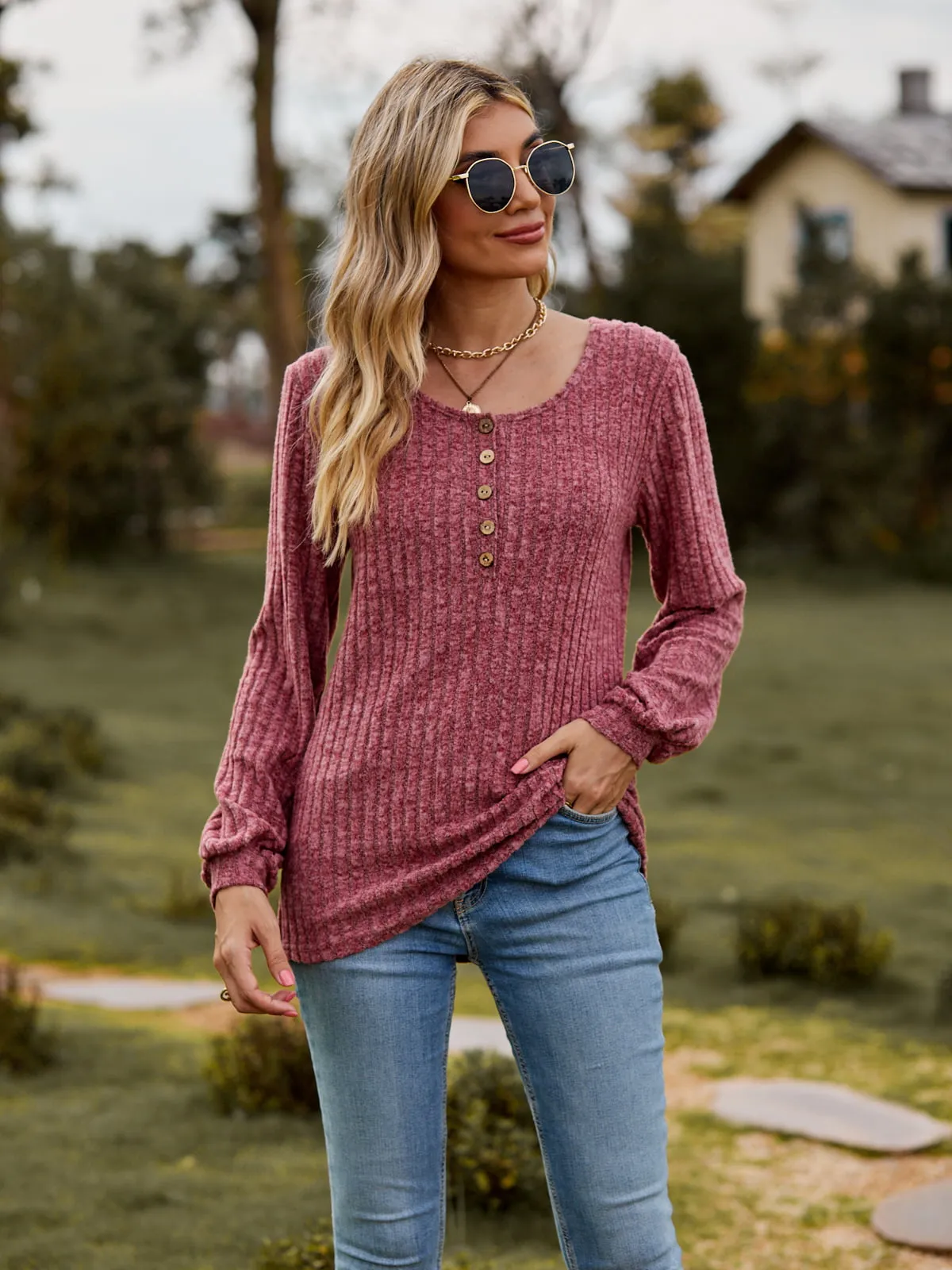 Round Neck Button-Down Long Sleeve Tee (7 Colors)