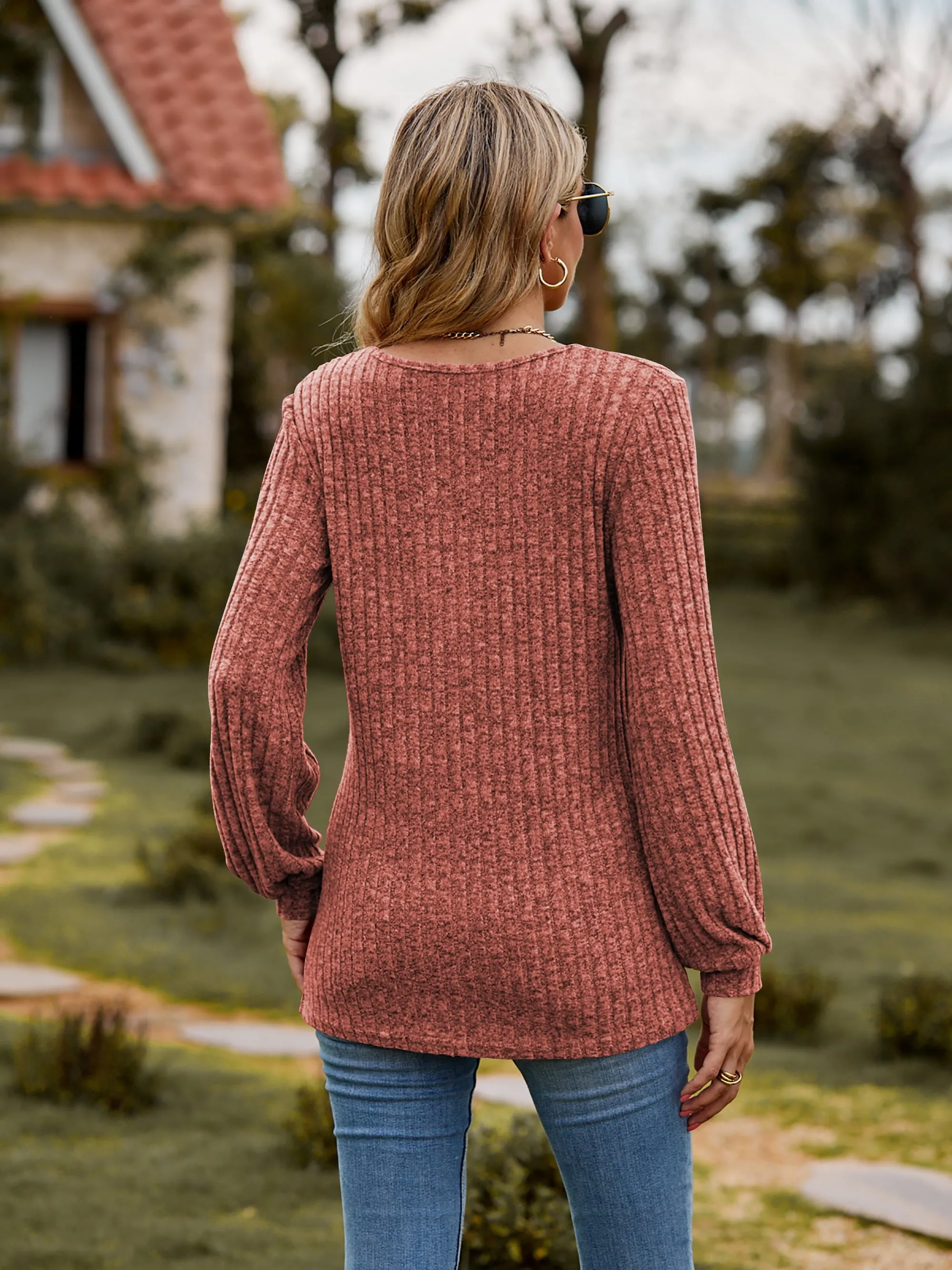 Round Neck Button-Down Long Sleeve Tee (7 Colors)