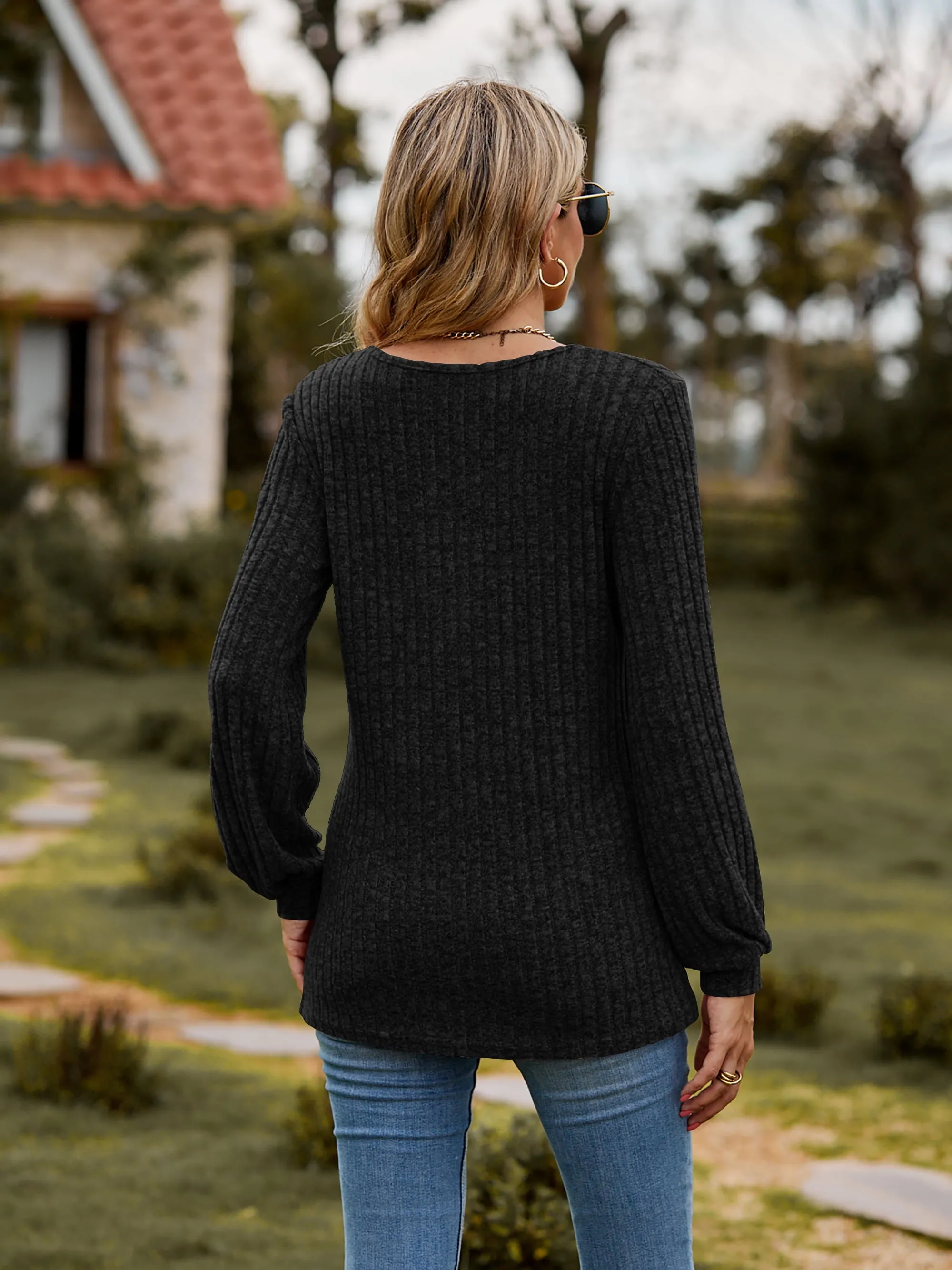 Round Neck Button-Down Long Sleeve Tee (7 Colors)