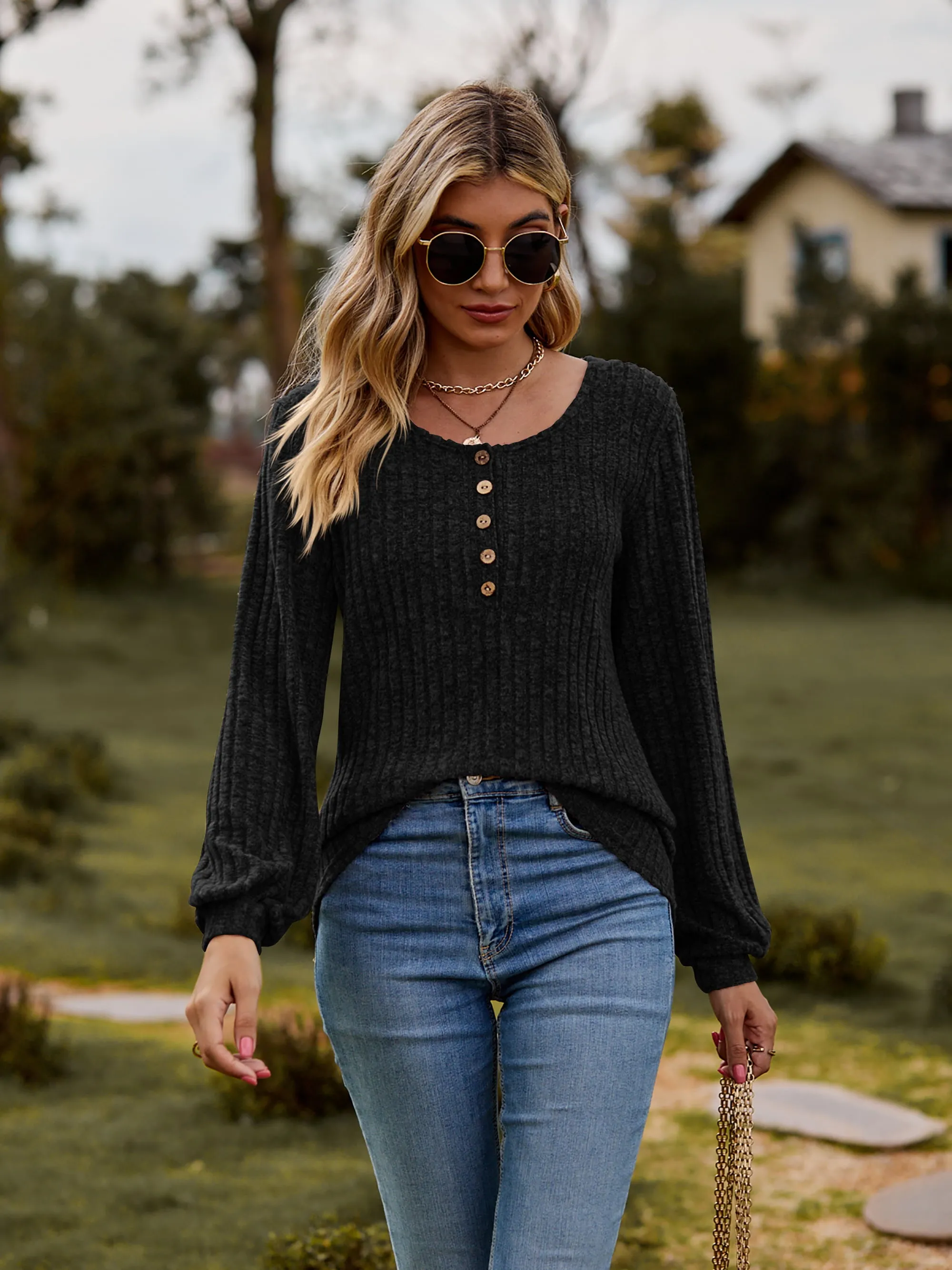 Round Neck Button-Down Long Sleeve Tee (7 Colors)
