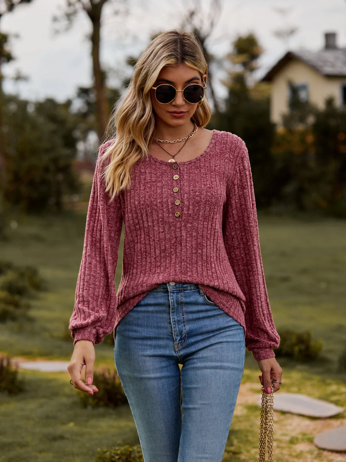 Round Neck Button-Down Long Sleeve Tee (7 Colors)