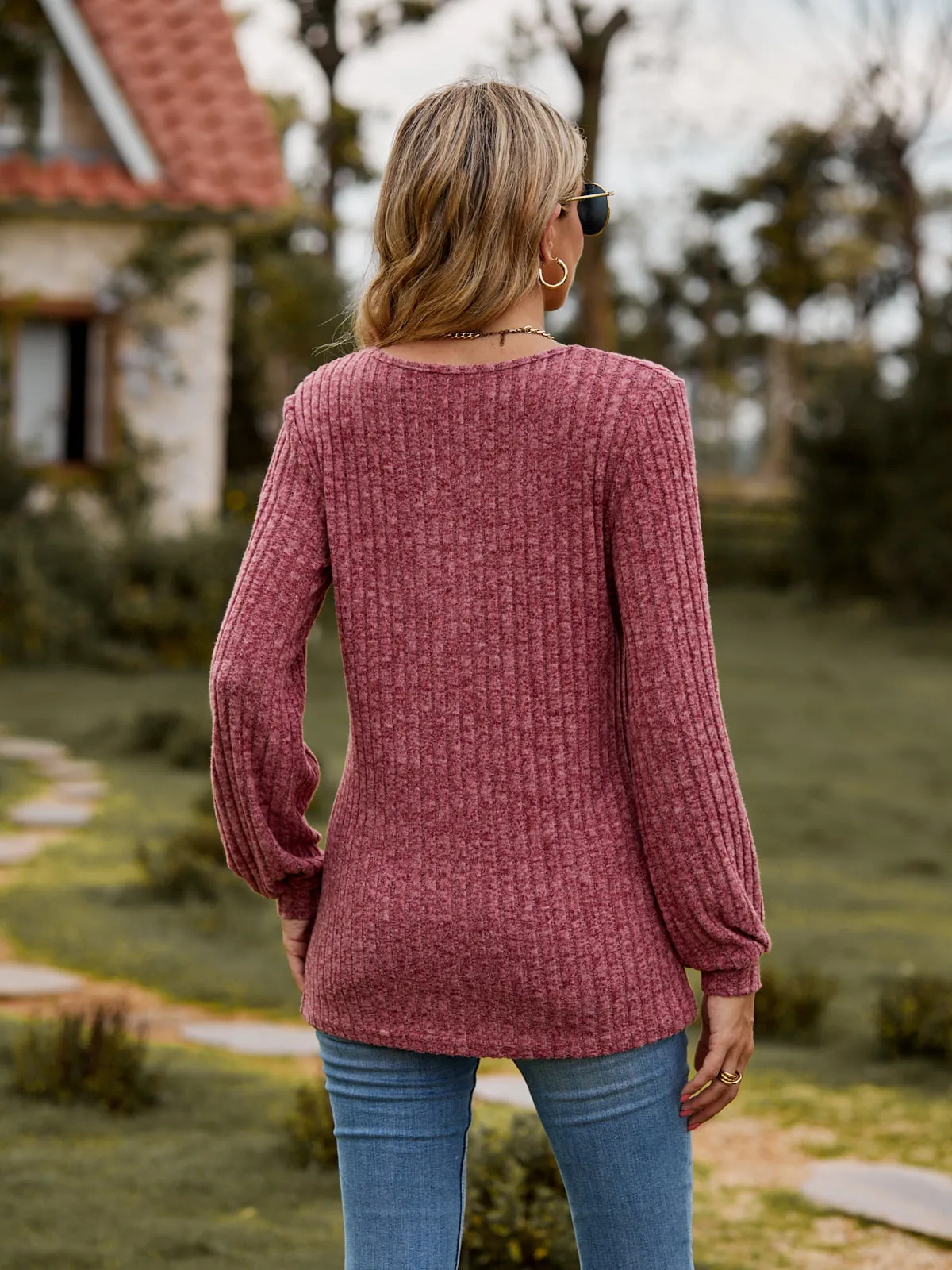 Round Neck Button-Down Long Sleeve Tee (7 Colors)