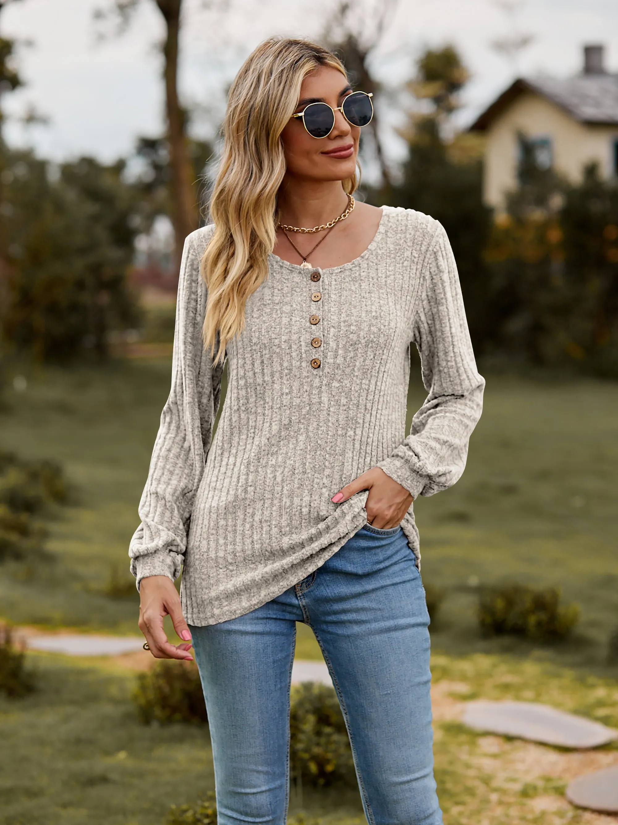 Round Neck Button-Down Long Sleeve Tee (7 Colors)