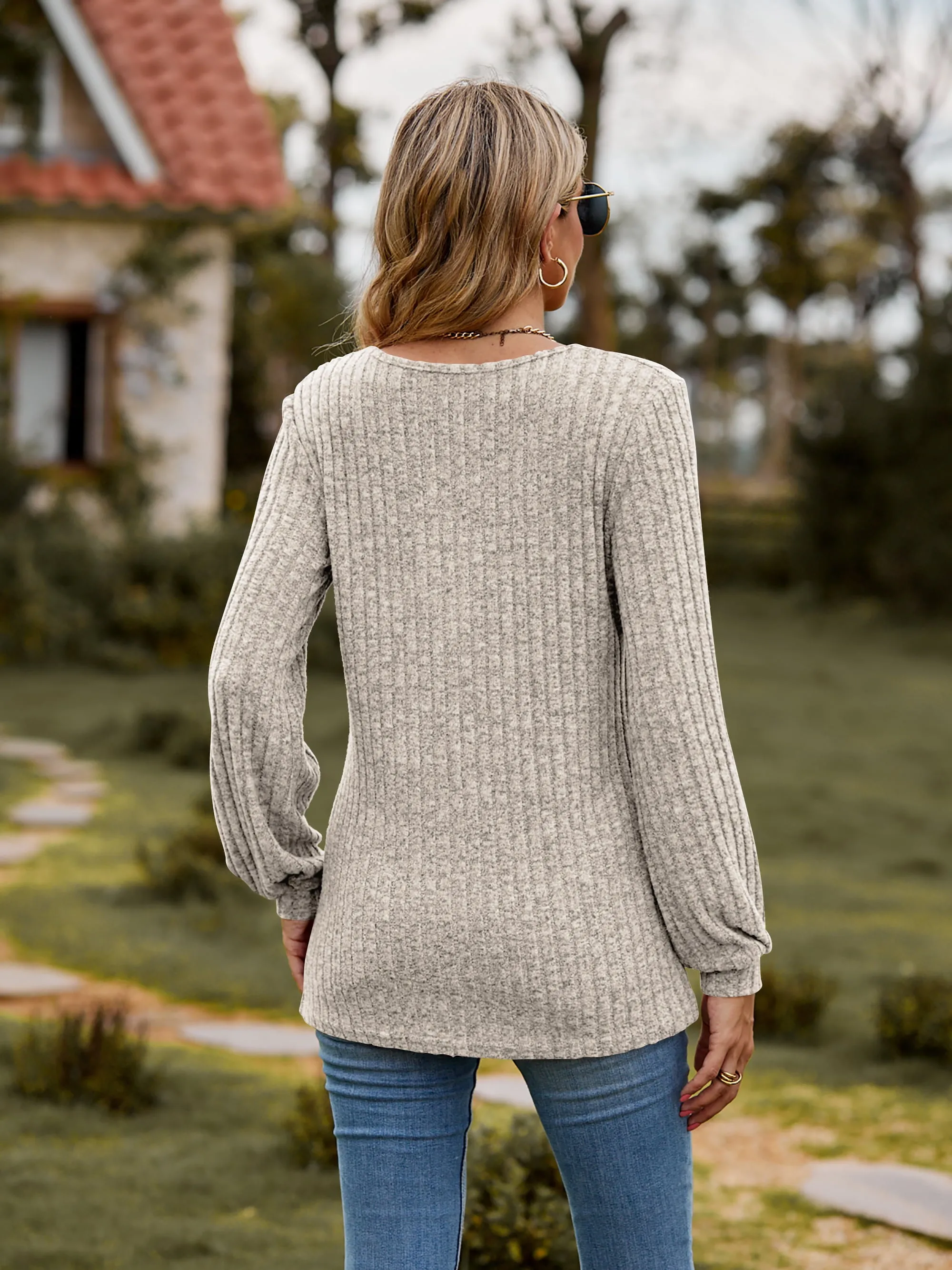 Round Neck Button-Down Long Sleeve Tee (7 Colors)