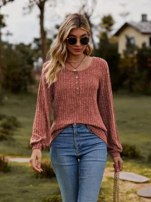 Round Neck Button-Down Long Sleeve Tee (7 Colors)