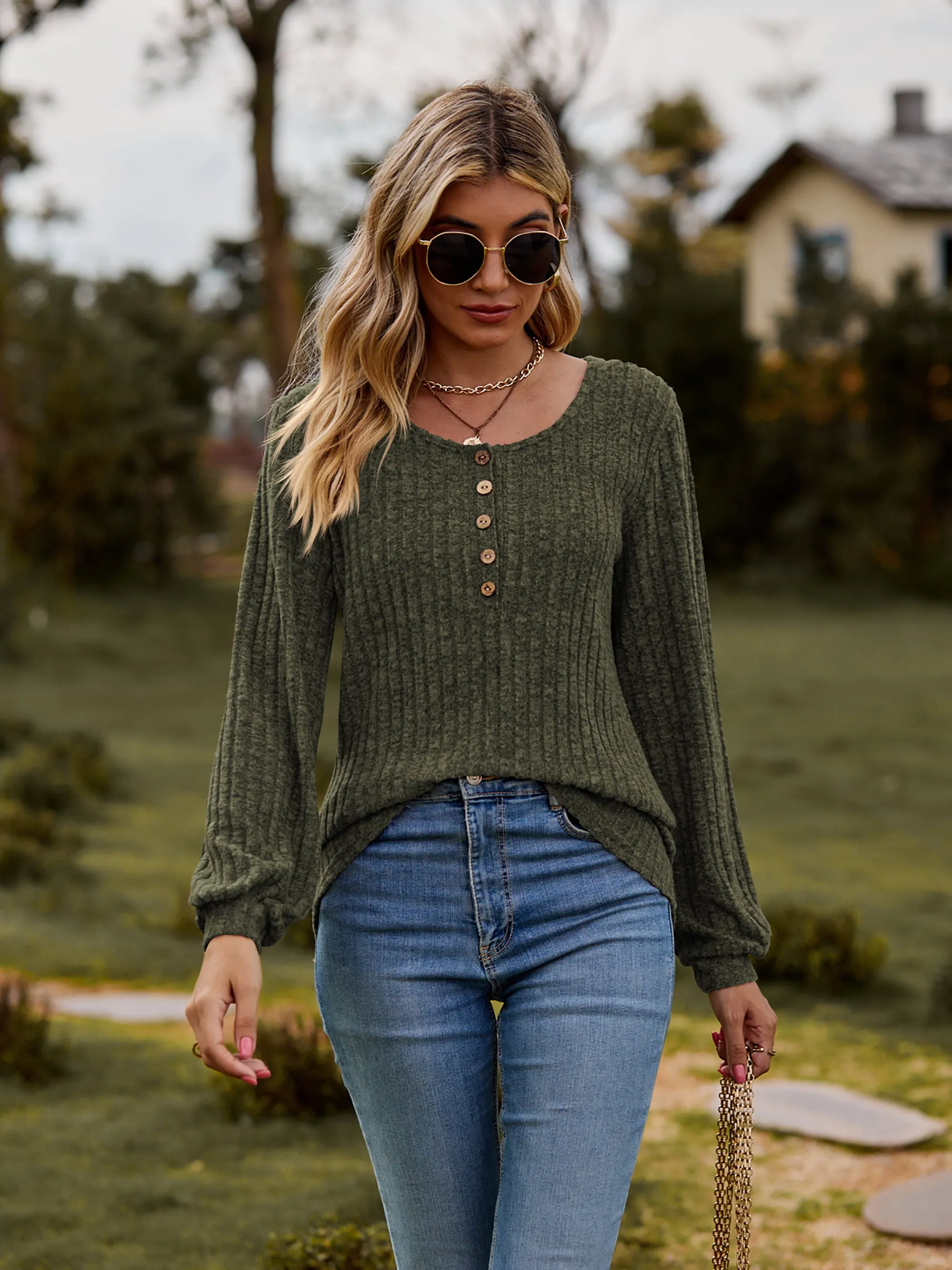 Round Neck Button-Down Long Sleeve Tee (7 Colors)