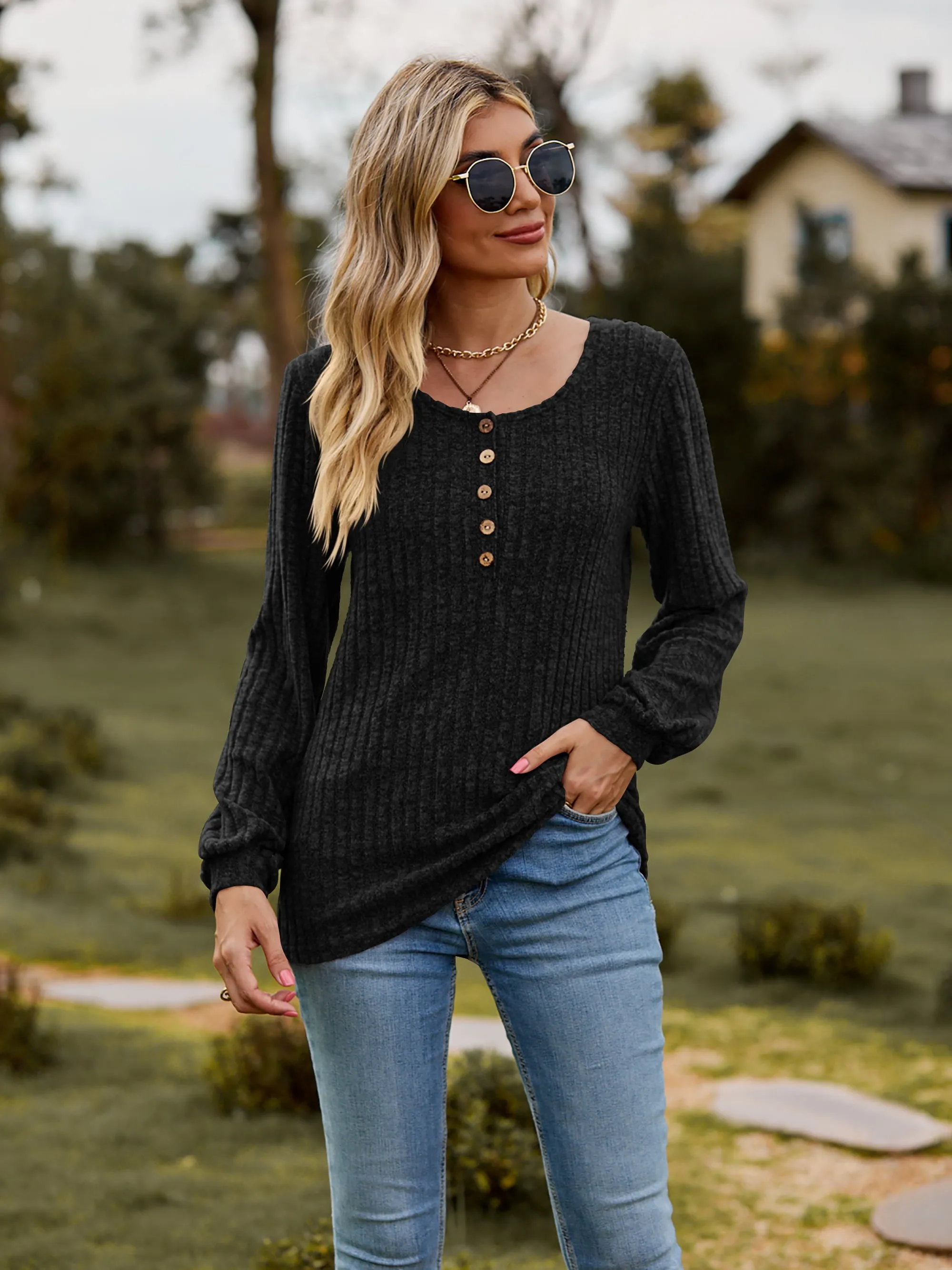 Round Neck Button-Down Long Sleeve Tee (7 Colors)
