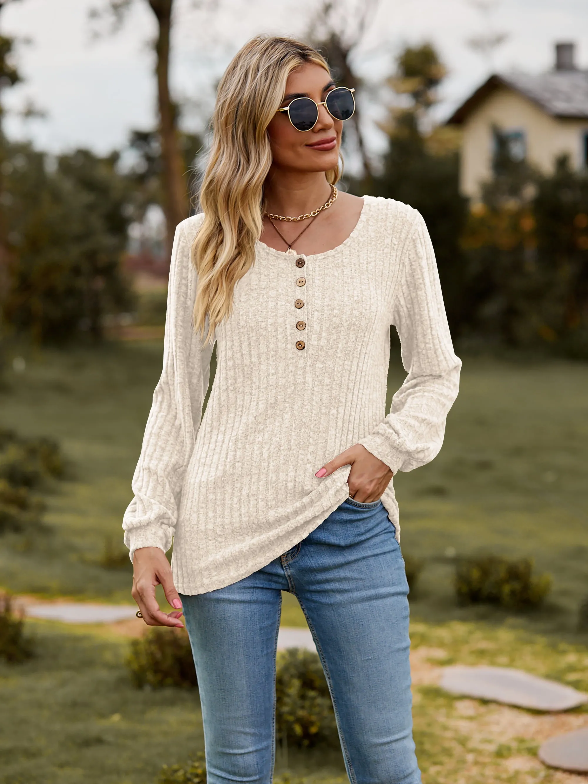 Round Neck Button-Down Long Sleeve Tee (7 Colors)