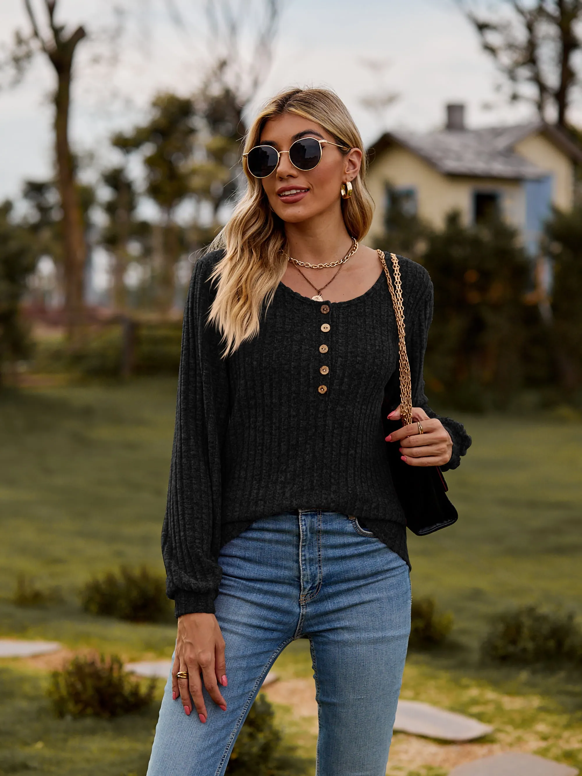 Round Neck Button-Down Long Sleeve Tee (7 Colors)