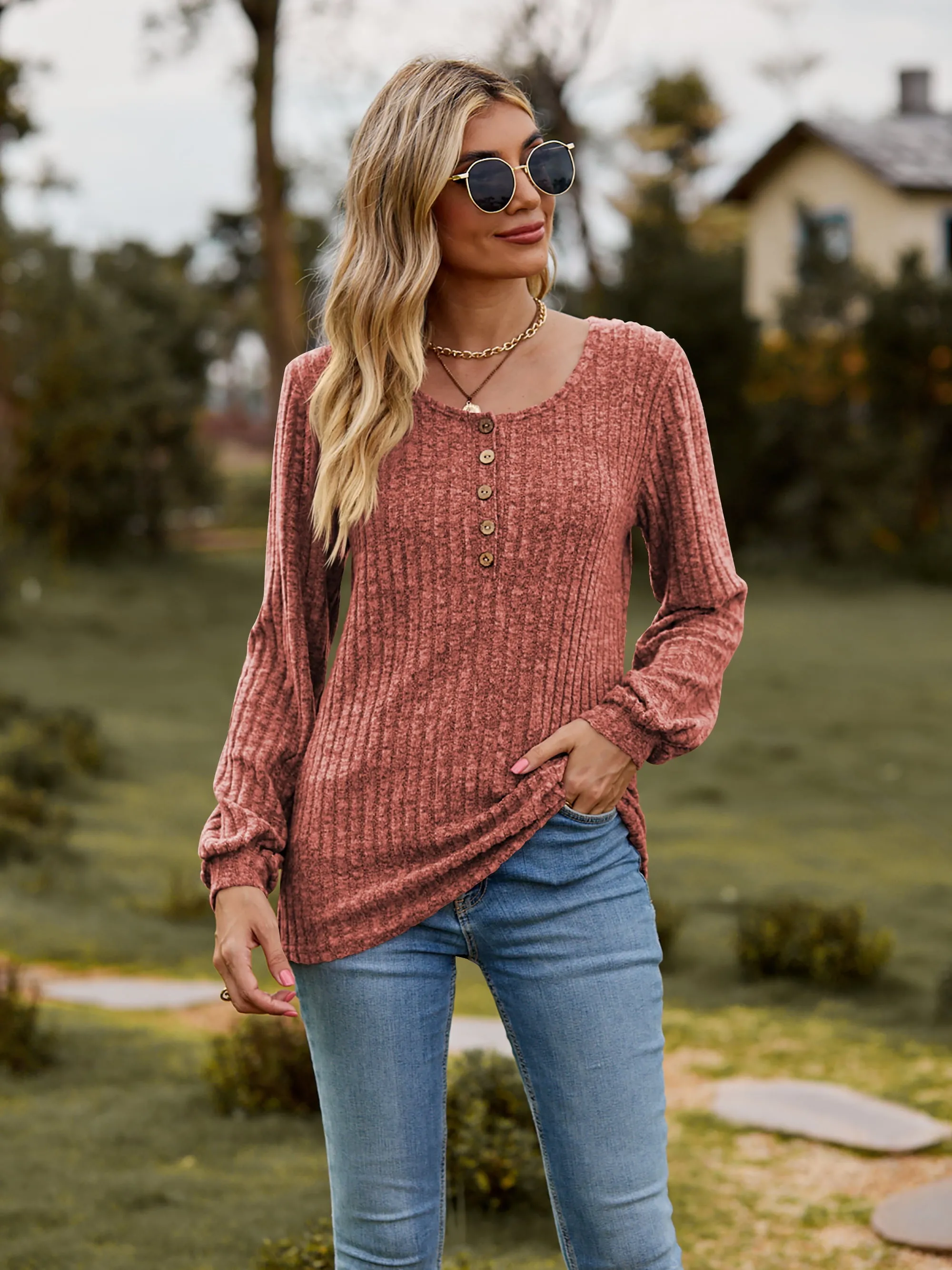 Round Neck Button-Down Long Sleeve Tee (7 Colors)