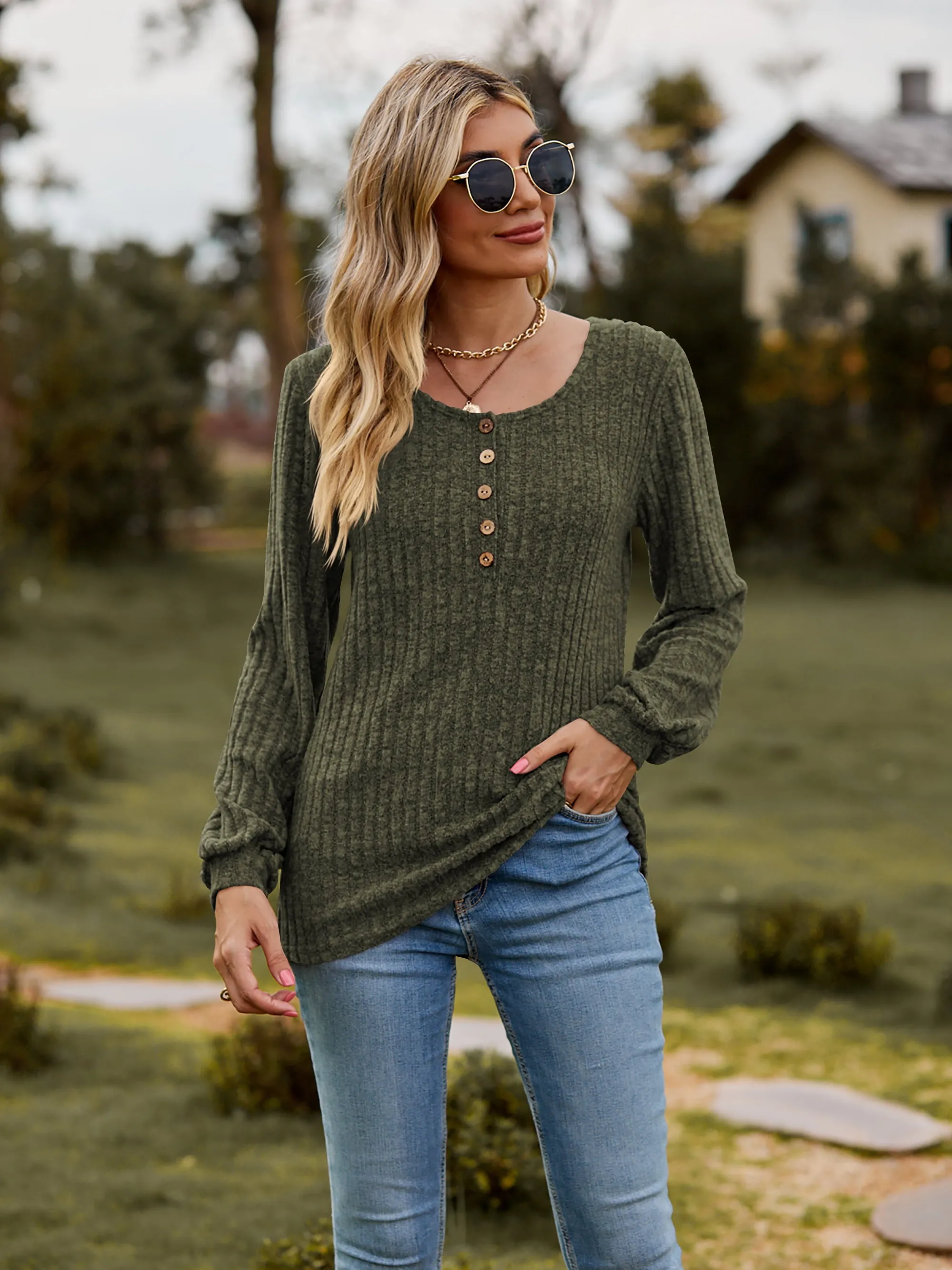 Round Neck Button-Down Long Sleeve Tee (7 Colors)