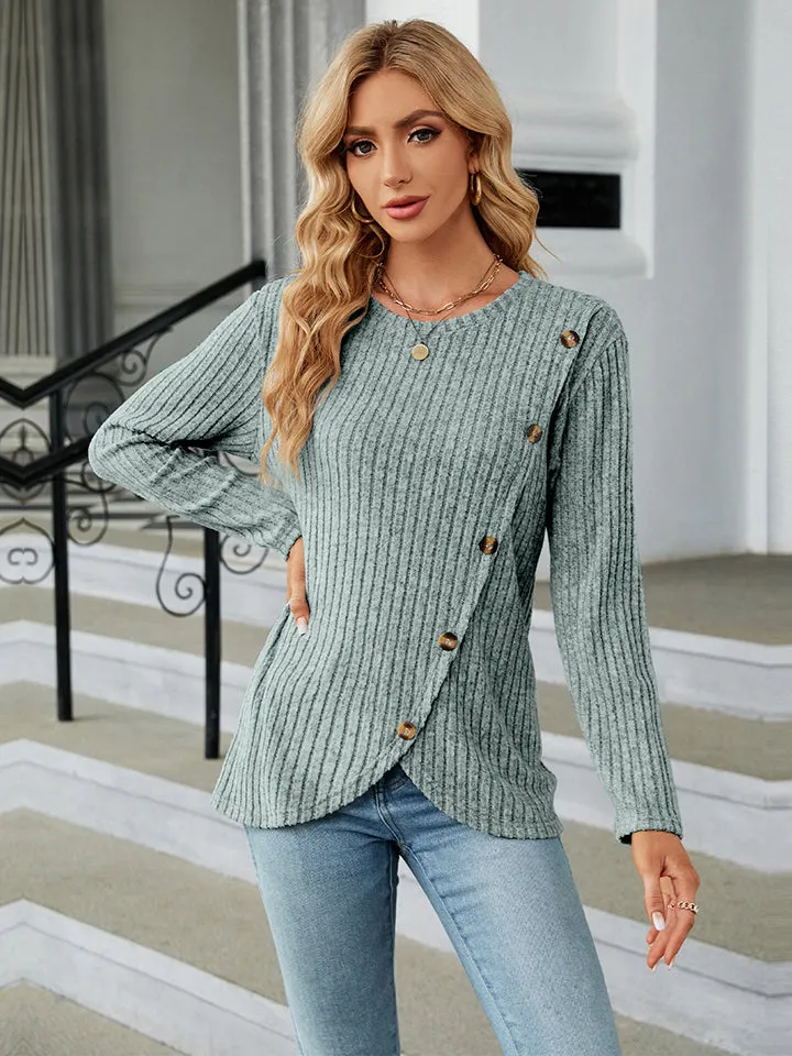 Round Neck Ribbed Button Detail Blouse (3 Colors)