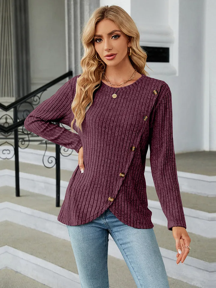 Round Neck Ribbed Button Detail Blouse (3 Colors)
