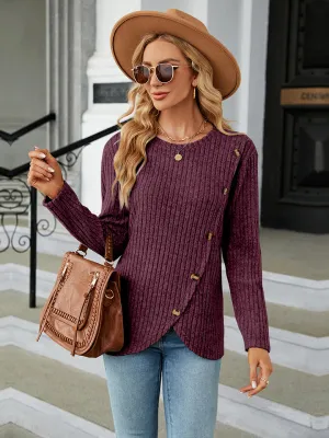 Round Neck Ribbed Button Detail Blouse (3 Colors)