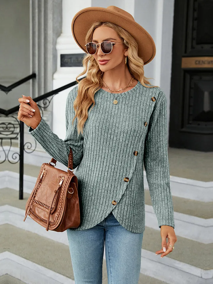 Round Neck Ribbed Button Detail Blouse (3 Colors)