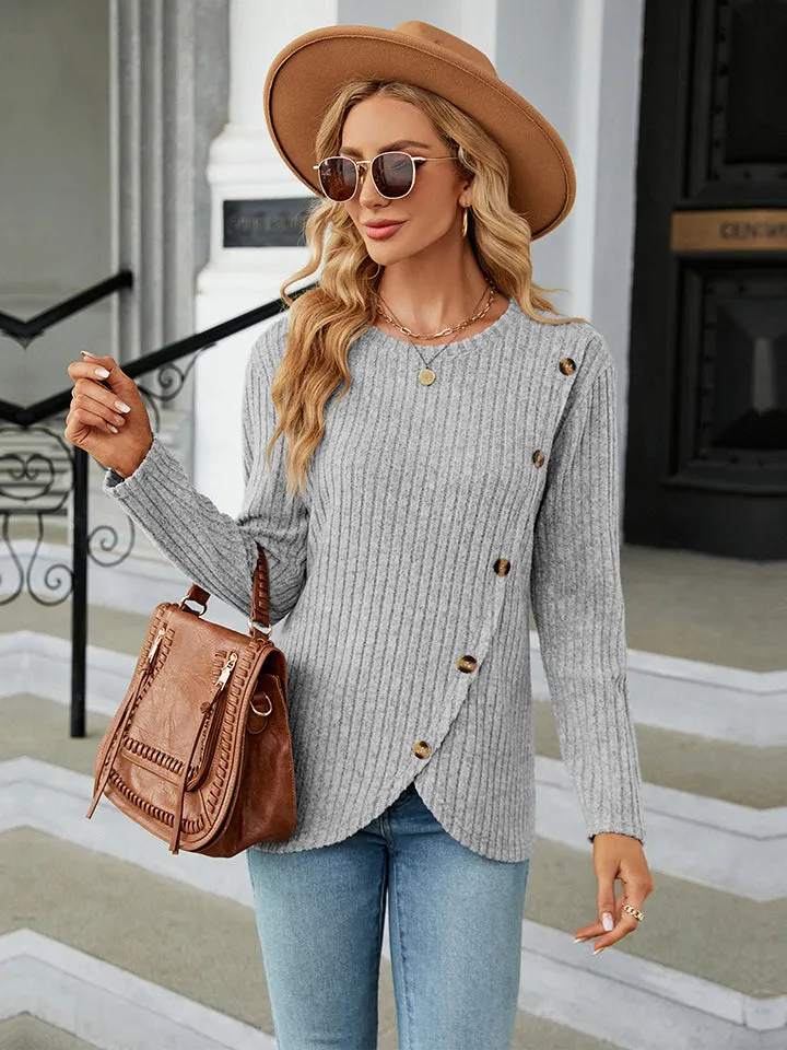 Round Neck Ribbed Button Detail Blouse (3 Colors)