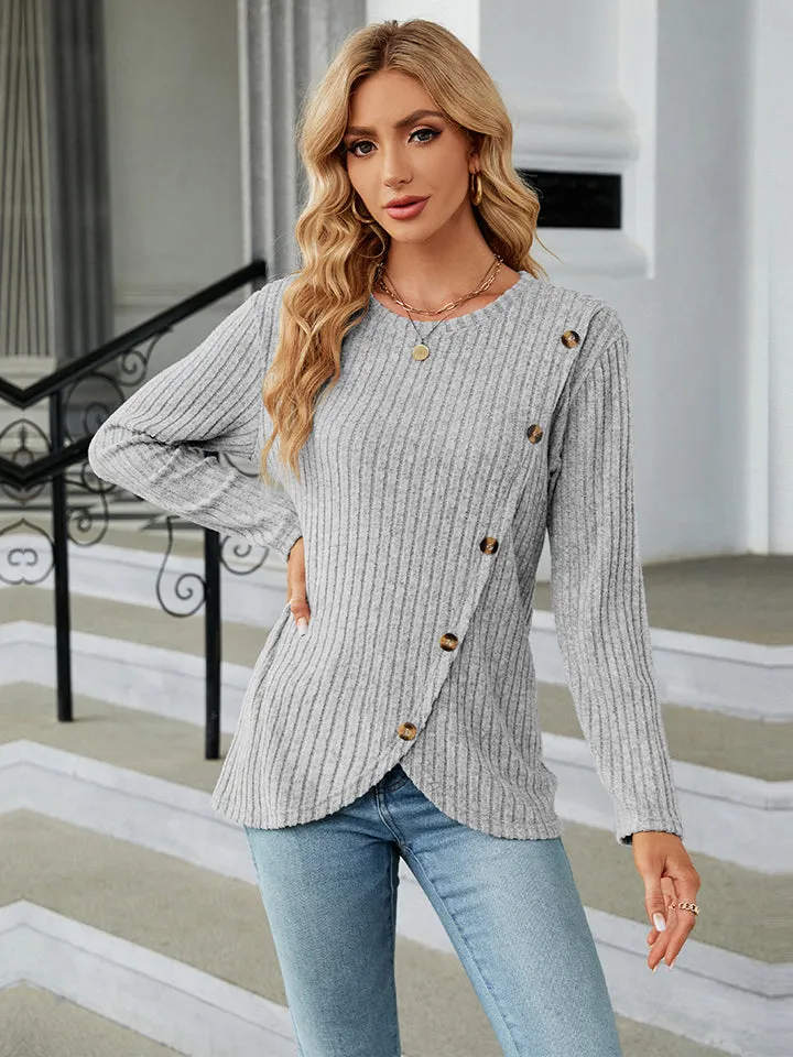Round Neck Ribbed Button Detail Blouse (3 Colors)