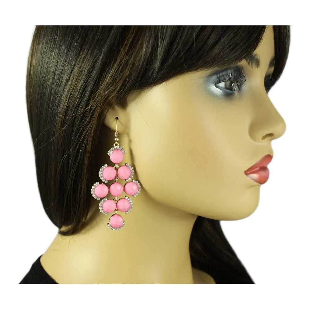 Round Pink Discs with Clear Crystals Dangling Earring - REC567