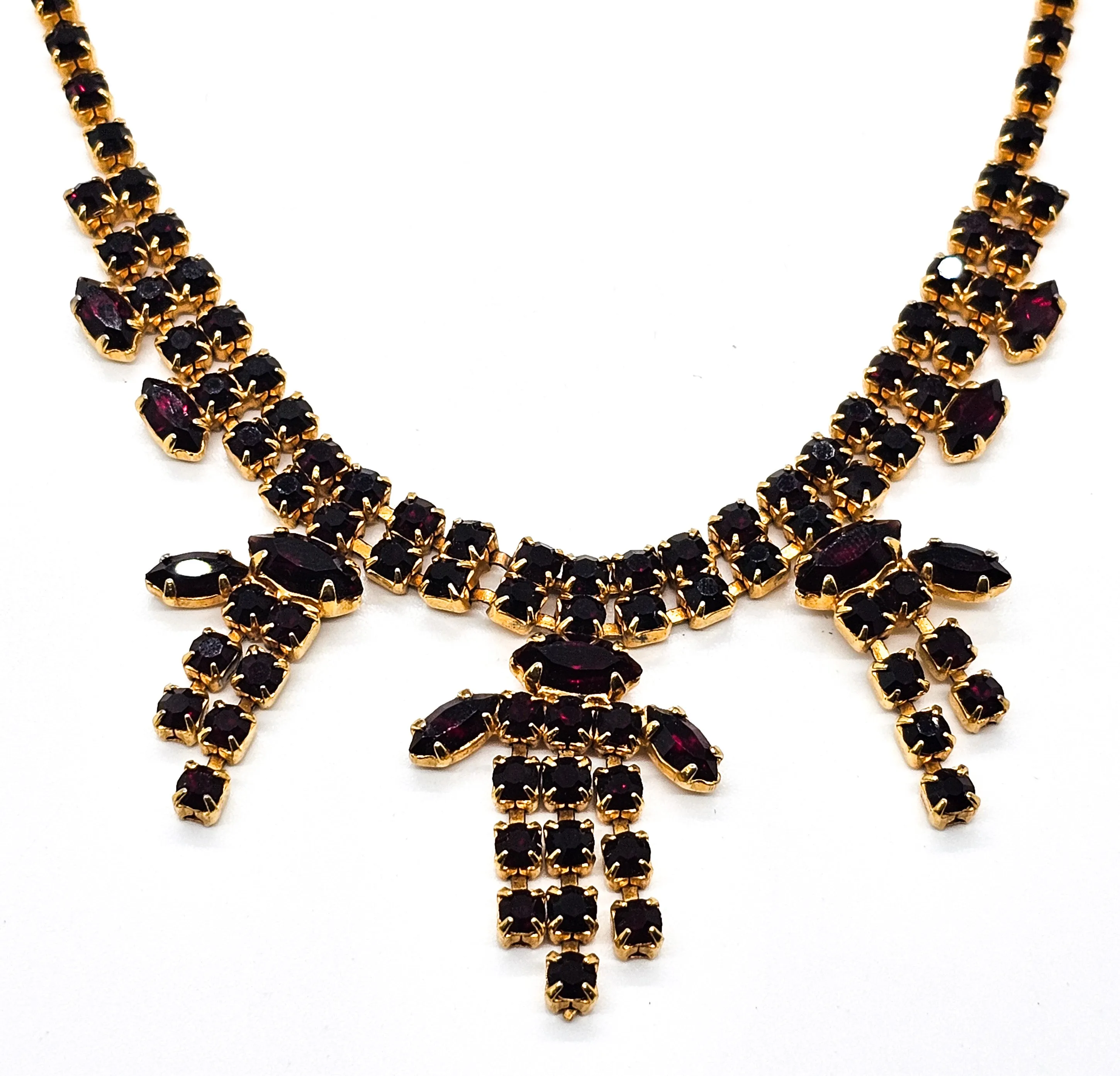 Ruby Red rhinestone vintage red and gold statement bib mid century necklace