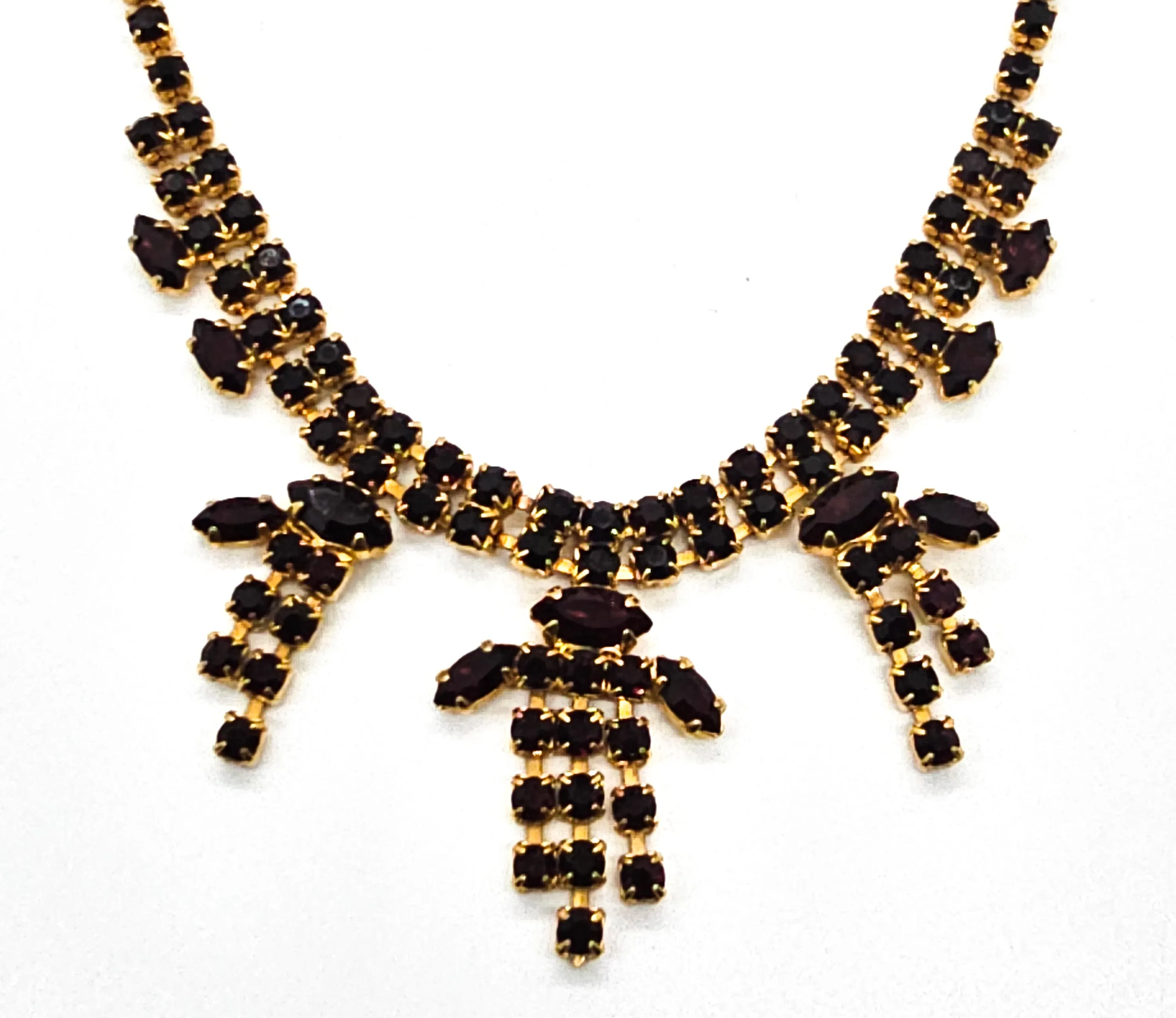 Ruby Red rhinestone vintage red and gold statement bib mid century necklace