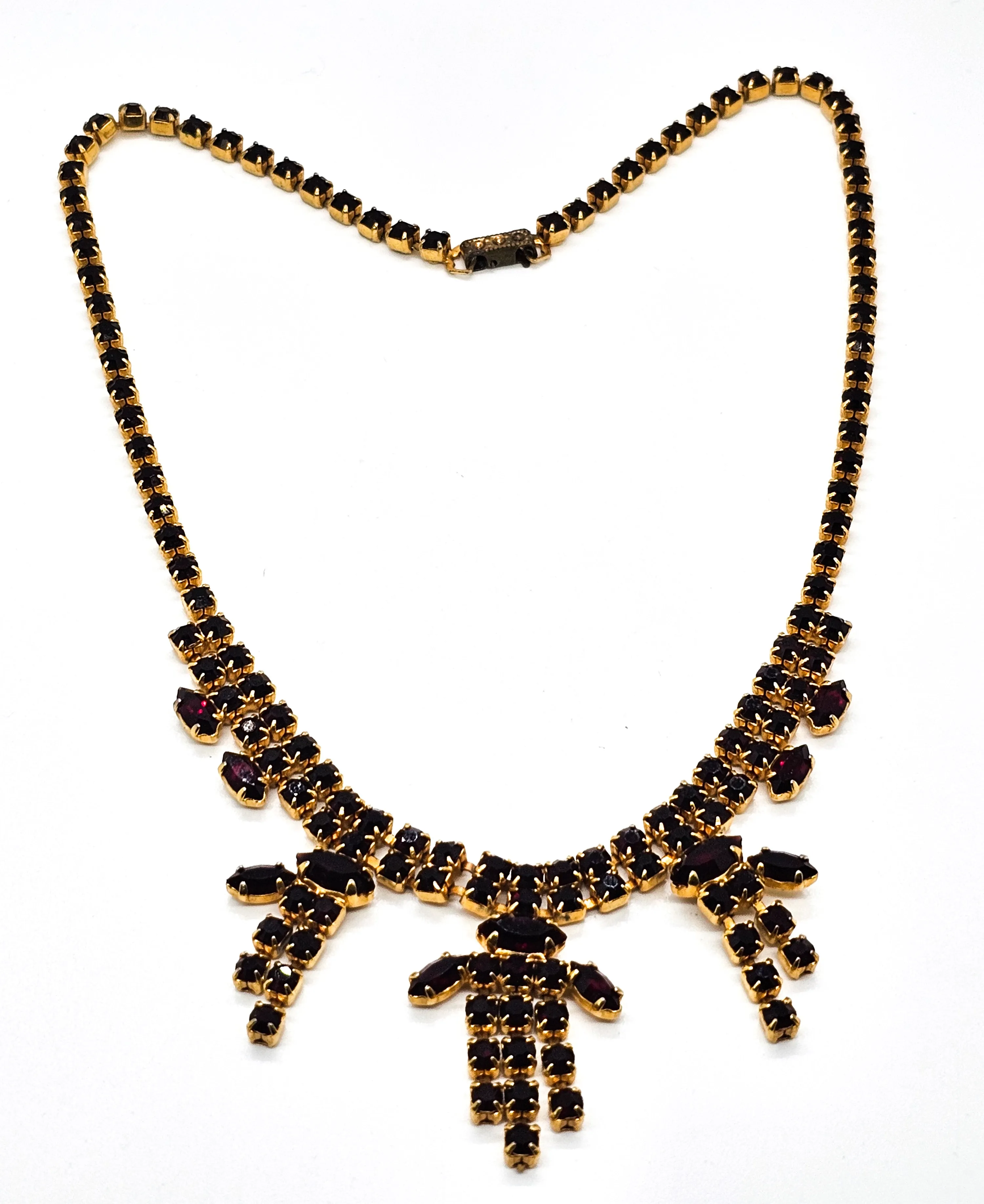 Ruby Red rhinestone vintage red and gold statement bib mid century necklace