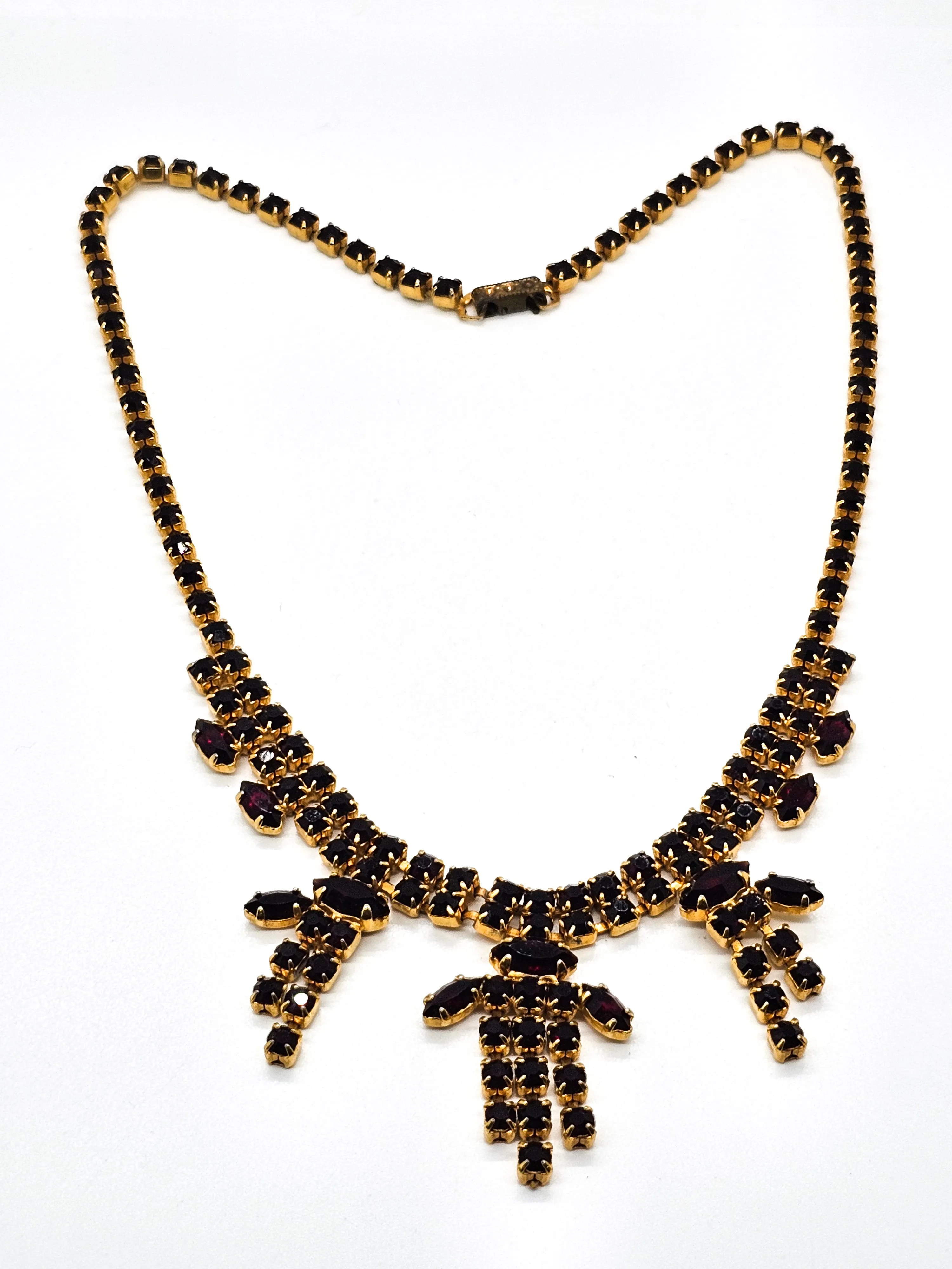 Ruby Red rhinestone vintage red and gold statement bib mid century necklace