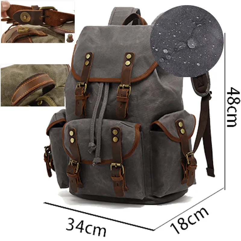 Rugged Vintage Canvas PU Leather Drawstring Backpack