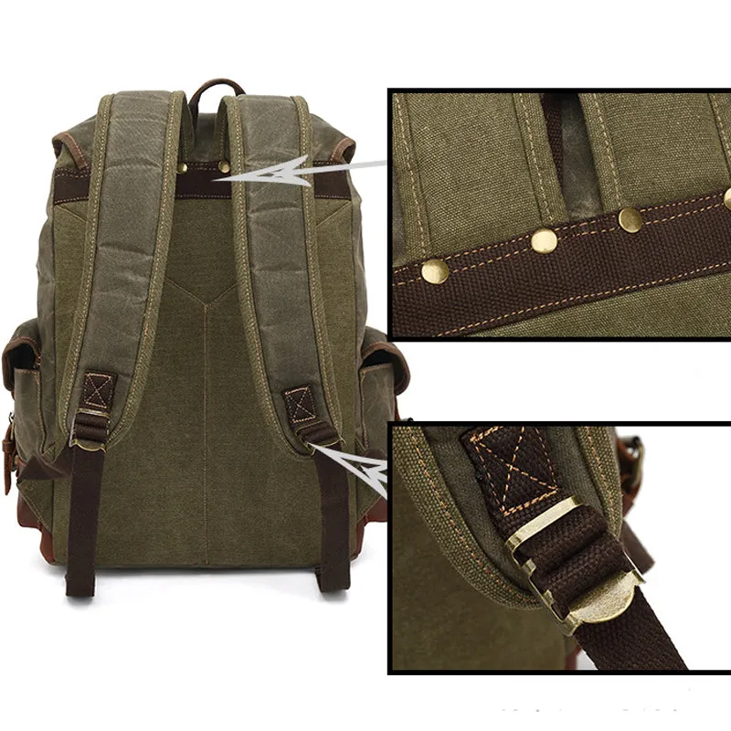 Rugged Vintage Canvas PU Leather Drawstring Backpack